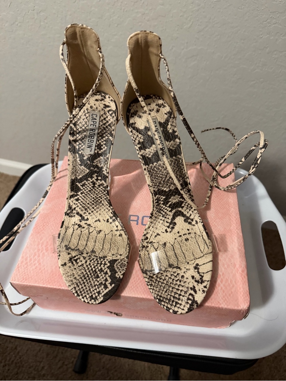 Cape Robbin Beige Snake Print Lace-Up Heels